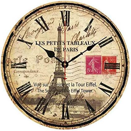 Paris French Counttry Eiffel Tower Postale Wall Clock Decorative Living Room Men Bedroom Round Silent Non-Ticking 14 inch