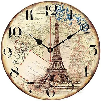 Paris Map with Eiffel Tower Round Wall Clock 14 inch Decorative Farmhouse Wood Style Hanging Wooden Clock