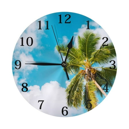 PAYOHTO 10''Wall Clock Palm Trees on Tropical Beach, Frameless Battery Operated Silent Non-Ticking Electronic Clock for Office Living Room Bedroom