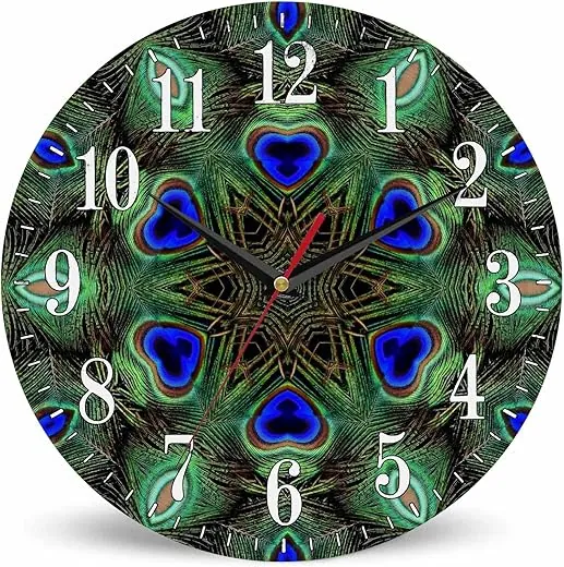 Peacock Feather Wall Clock Kaleidoscope Art Floral Mandala Circle Mirroring 10 Inch Silent Non Ticking Battery Operated Clock Vintage Round Clock for Living Room Bedroom Bathroom Office Decor