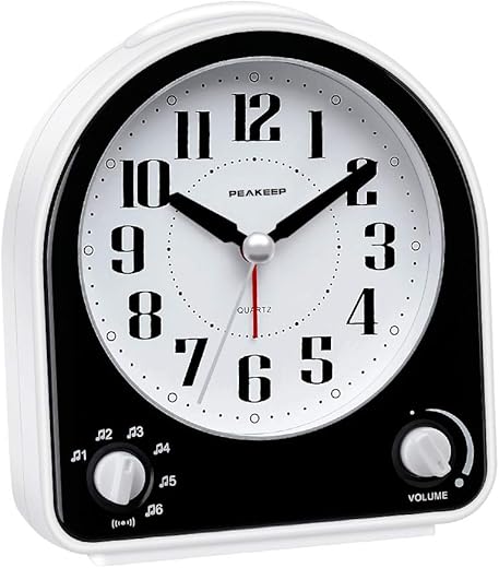 Peakeep Analog Alarm Clock Non-Ticking Silent, Optional 7 Wake-up Sounds with Volume Control, Nightlight and Snooze, AA Battery Operated (Black)