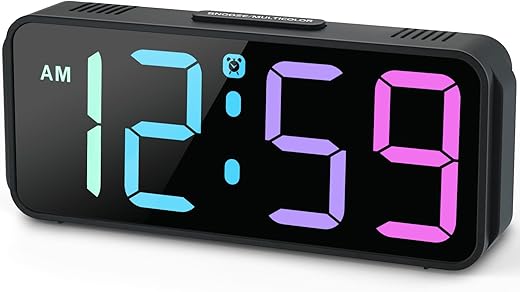 Peakeep Small Digital Alarm Clock Plug in, Tiny RGB Colorful Changing Large Display for Bedrooms Bedside Travel, Dimmable 6 Brightness, Corded Electric Battery Backup (Black - RGB)