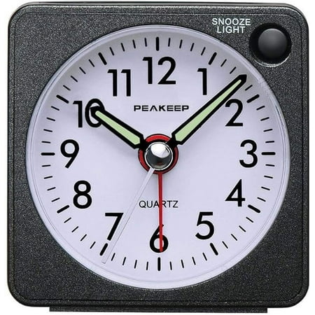 Peakeep Ultra Small, Battery Travel Alarm Clock with Snooze and Light, Silent with No Ticking Analog Quartz (Black)