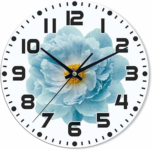 Peony Flower Wall Clock Light Blue Battery Powered Wall Clock Silent Non Ticking 10 Inch for Living Room, Kitchen, Home,Bathroom, Bedroom