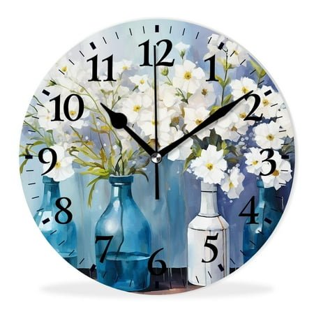 Personalized Analog Clock Non-Ticking Silent Wall Clocks Battery Operated Clocks with Picture Decorative for Living Room-Art watercolor White Flower(10inch)