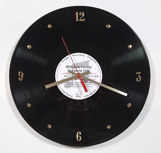 Personalized Vinyl Record Wall Clock (Display Your Special Songs) - Handmade For Musician, Family, Wedding, Anniversary. Unique custom gift for Mother's Day, Father's Day, graduation...