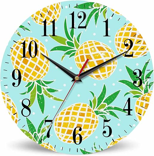 Pineapple Wall Clock Tropical Cartoon Fruit Mint Green 10 Inch Silent Non Ticking Battery Operated Clock Vintage Round Clock for Living Room Bedroom Bathroom Office Decor