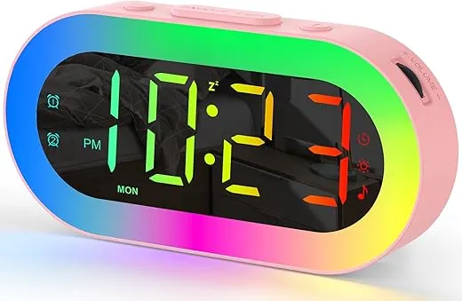 Pink Alarm Clock for Girls, Kids Alarm Clock with 7 Colors Night Light & Large Display, USB Ports, Timer, Dimmer, Sound Machine, Customize Alarm, Cute Digital Alarm Clock for Bedroom, Pink Room Decor