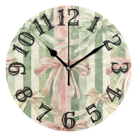 Pink Green Ribbons Stripe 10 inch Wall Clocks Non Ticking Easy to Read Battery Decorative for Home Bathroom Kitchen Bedroom Living Room