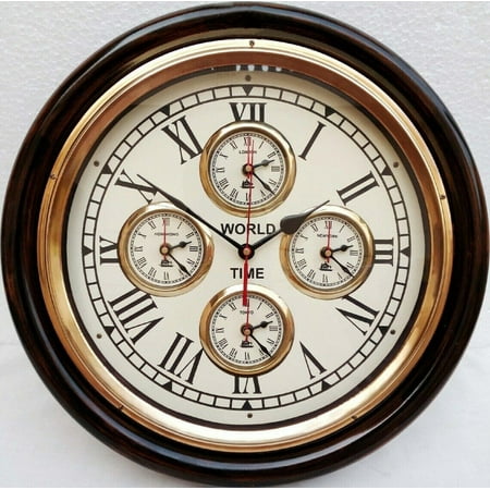 Piru Vintage Look Wall Clock with World Time 5 Countries Time with Beautiful Solid Golden Ring (Dark Brown & Golden)