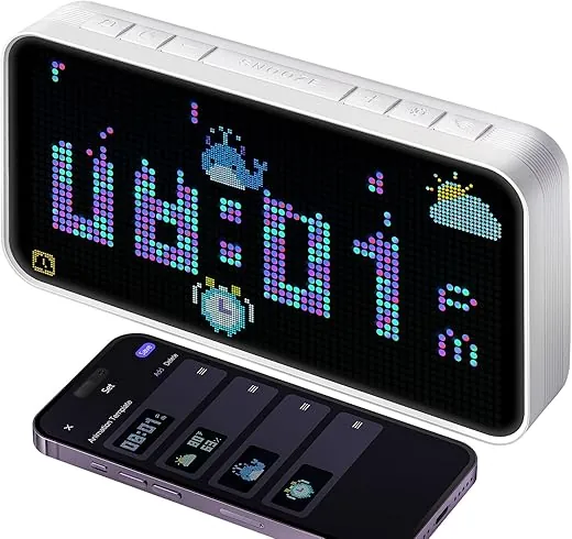 PixelRise Smart Alarm Clock for Bedroom, Cool Pixel Art LED Dot Matrix Display - Weather Temperature Humidity Animation, Loud Dual Alarm for Heavy Sleeper, Sleep White Noise, WiFi Weather & Time Sync