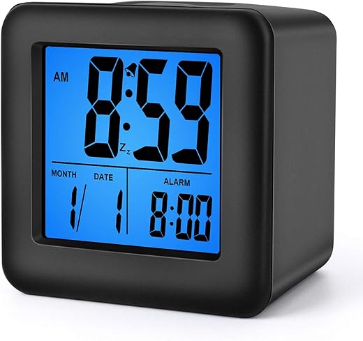 Plumeet Digital Alarm Clock Kids Alarm Clock with Snooze and Nightlight - Easy Setting Silicone Clock Display Time, Date - Loud Alarm Clock for Bedroom - Battery Powered (Black)