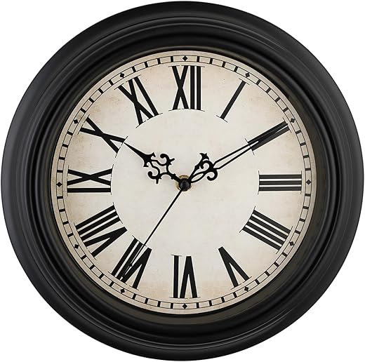 Plumeet Small Retro Wall Clock, 10'' Non Ticking Classic Silent Vintage Wall Clocks Decorative Kitchen Living Room Bedroom, Roman Numerals, Battery Operated, Black