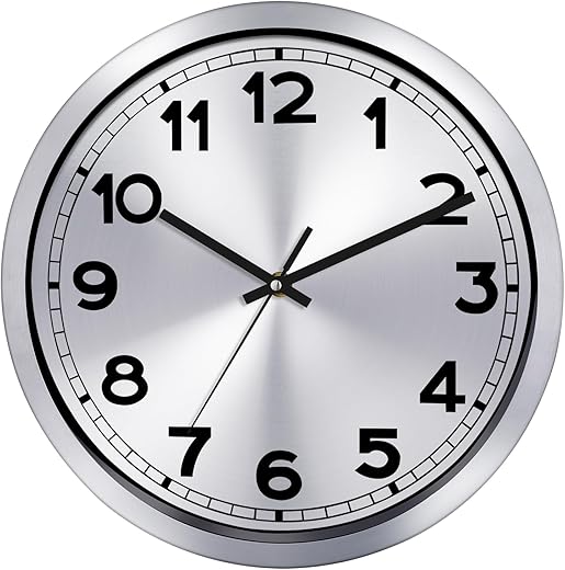 Plumeet Wall Clock, 12 Inch Battery Operated Wall Clock with Silver Aluminum Frame, Non Ticking Silent Metal Wall Clocks Decorative Kitchen Living Room Bedroom