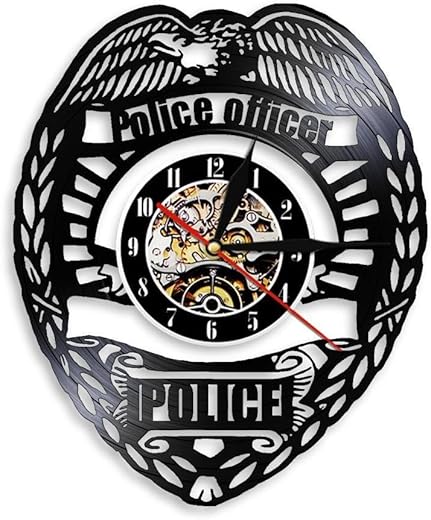 Police Officer Wall Clock Police Badge Vinyl Record Wall Clock Police Station Decorative Clock Watch Policemen Retirement Gift Without LED