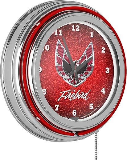 Pontiac Firebird Red Chrome Double Ring Neon Clock