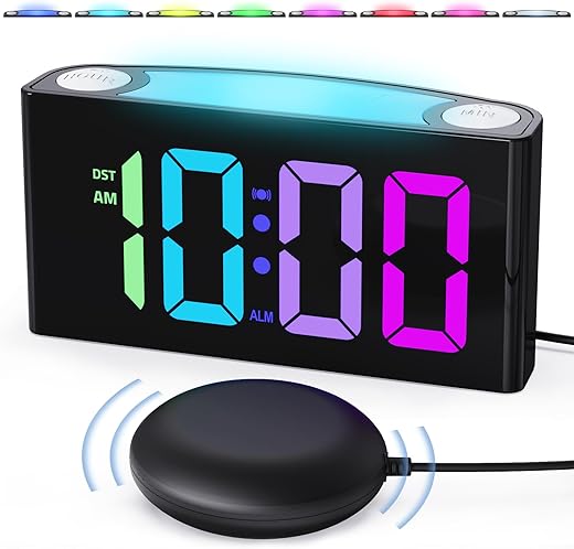 PPLEE RGB Vibrating Alarm Clock for Bedroom-Digital Clock with Bed Shaker,Super Loud Alarm Clock for Heavy Sleeper Hearing Impaired Deaf,Large Big Numbers for Senior,USB&Type-C,Dimmable,Battery Backup