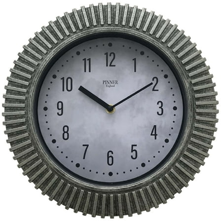 PREMIUS Brushed Round Ridged Analog Wall Clock, Silver, 12 Inches