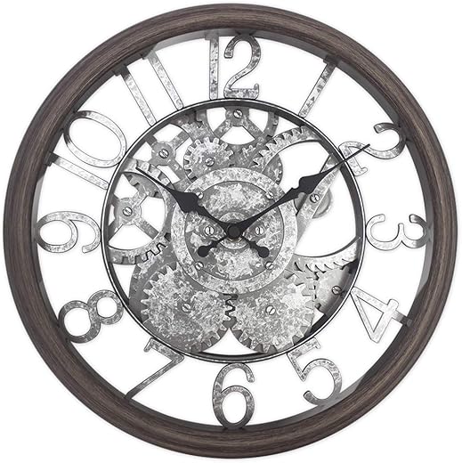 Presentime & Co 12" Farmhouse Gear Clock, Silent no Ticking, Indoor/Outdoor Clock, Weatherproof, Grey Oak and Galvanized Finish. Wall Décor/Outdoor Décor for Living Room, Kitchen, Garden, and Patio.