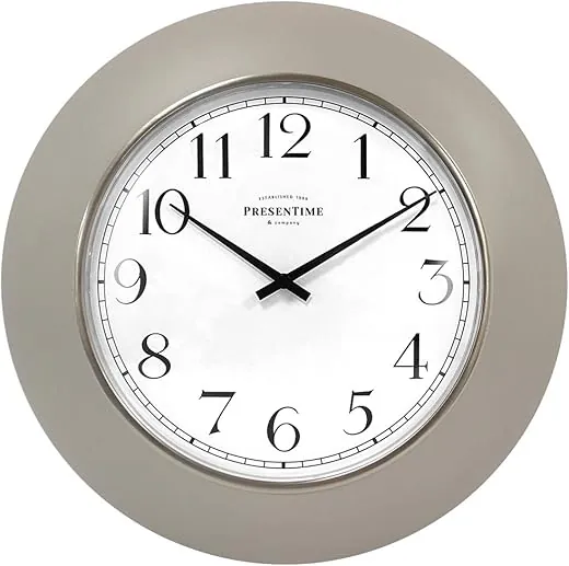 Presentime & Co 12" Modern Classic Wall Clock, Shatter Proof Convex Lens, Morning Silver Ring, Warm Gray Color. Decorative & Teaching Clock for Kids Learning, Rooms, Office & Home Space. Wall Décor