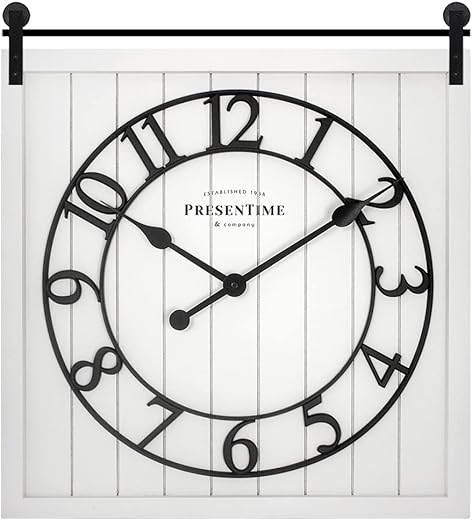 Presentime & Co Farmhouse Barn Door Clock, Shiplap Style, Cream White Color, Silent No Ticking, 3D Arabic Numeral, 23 H x 21 W. Home Decoration/Wall Decoration/Farmhouse Décor.