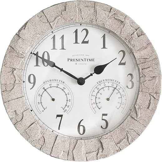 Presentime & Co Sandstone Outdoor Clock with Thermometer & Hygrometer as All in one Weather Station, 14", Coastal Sandstone Finish. Weather Thermometer, Outdoor Décor, Wall Décor.