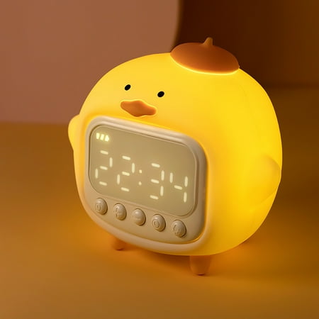 PREWOOD Cute Duck Alarm Clock Night Light, Children's Fun Duckling Wake Up Lamp, Two Groups of Alarm Clocks, Brightness Adjustable, Rechargeable Portable Lamp for Bedroom Room Decor