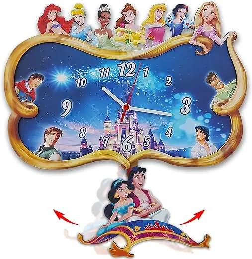 Prince and Princess Themed Swinging Wall Clock, Fairy Tale Wall Clock, Girl Room Wall Art Decor, Princess Girls Bedroom Decor, Magical Characters Clock, Classic Animation Characters.