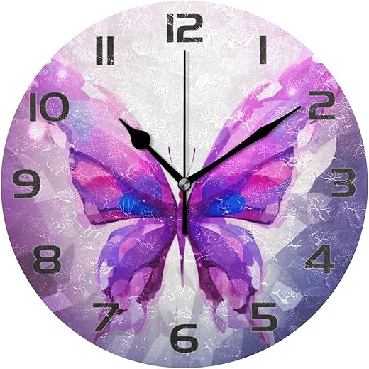 Purple Butterfly Wall Clock, Silent Non Ticking Battery Operated Creative Decorative Round Clock for Kitchen, Living Room, Bathroom, Home School Office Decor, 10 Inch