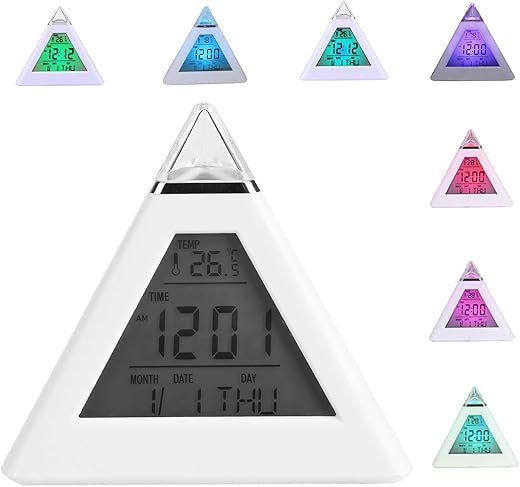 Pyramid Alarm Clock,Large LED Color Changing Digital Clock Triangle Shape Adjustable 8 Alarm Sounds LCD Alarm Clock Thermometer 7 Colors Changing Night Light Desktop Table Clocks for Heavy Sleepers