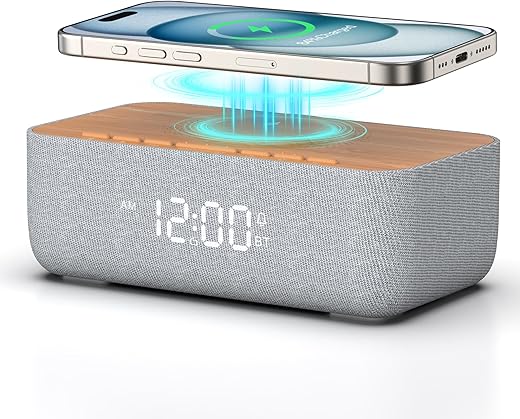 REACHER Alarm Clock Radio, Magnetic Wireless Charger for iPhone Fast Charging, Alarm Clock with Wireless Charging, Bluetooth Speaker, FM Radio, Bedroom, Bedside, Desk