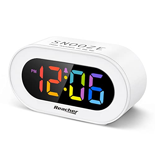 REACHER Small Colorful LED Digital Alarm Clock with Snooze, Simple to Operate, Full Range Brightness Dimmer, Adjustable Alarm Volume, Outlet Powered Compact Clock for Bedrooms, Bedside, Desk, Shelf