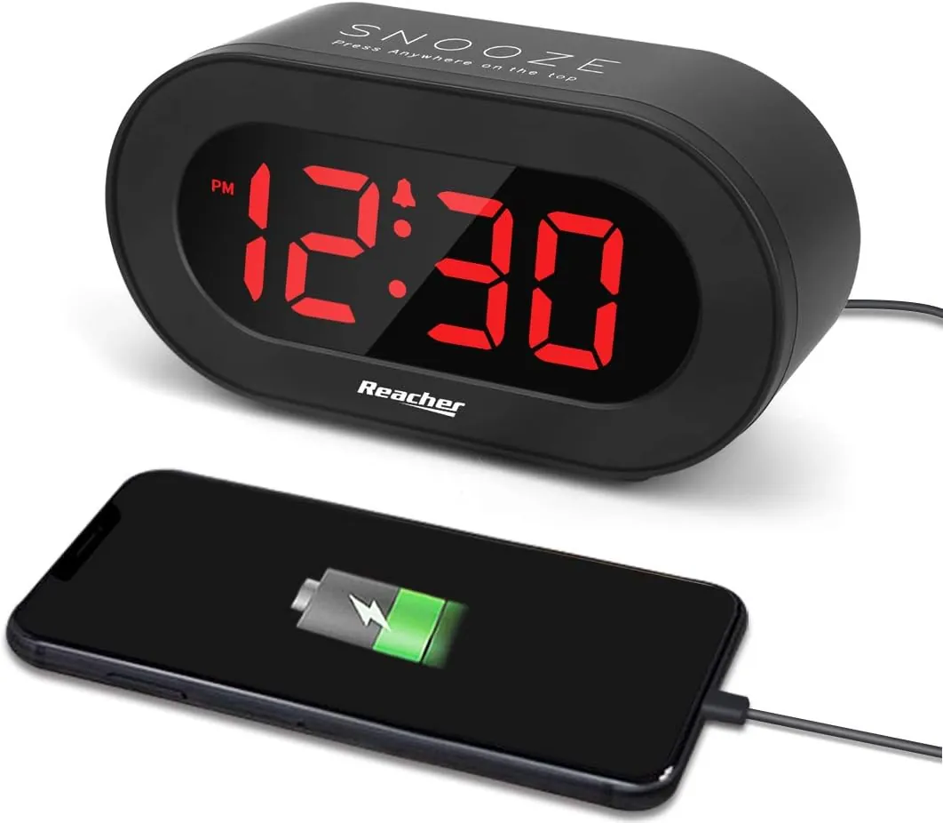 REACHER Small LED Digital Alarm Clock with Simple Operation, Full Range Brightness Dimmer, USB Phone Charger Port, Easy Snooze, Adjustable Alarm Volume, Outlet Powered for Bedrooms Bedside(Black)