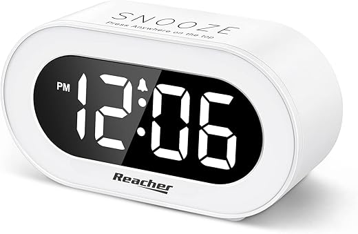 REACHER Small LED Digital Alarm Clock with Snooze, Simple to Operate, Full Range Brightness Dimmer, Adjustable Alarm Volume, Outlet Powered Compact Clock for Bedrooms, Bedside, Desk, Shelf(White)