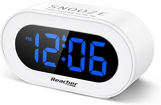 REACHER Small LED Digital Alarm Clock with Snooze, Simple to Operate, Full Range Brightness Dimmer, Adjustable Alarm Volume, Outlet Powered Compact Clock for Bedrooms, Bedside, Desk, Shelf(Blue)…