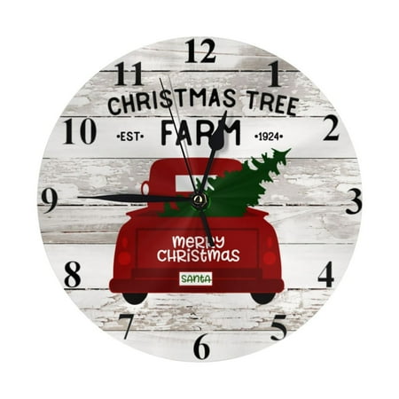 Red Vintage Truck With Christmas Tree Wall Clock - 10 Inch Silent Non-Ticking Wall Clocks -Country Retro Rustic Style Decorative For Living Room Kitchen Home Bathroom Bedroom