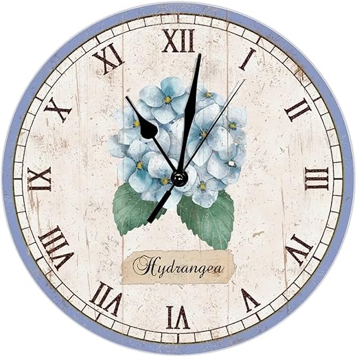 Retro French Watercolor Blue Hydrangea Clock Flower Field Wall Clocks Battery Operated 10 Inch Silent Roman Numerals Rustic Wall Decor Home Decor for Kitchen Living Room Bedroom Office