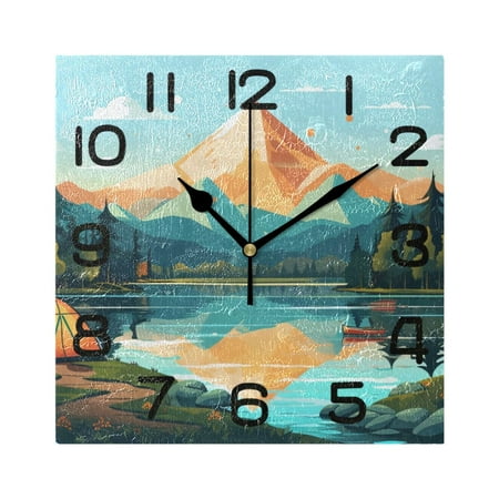 River and Mountains Landscape Wall Clock Square Silent Non-Ticking Battery Operated Retro 7.78 Clock Home Kitchen Office Decoration