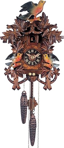 River City Clocks Cuckoo Clock with Painted Nest, Brown with Painter Birds