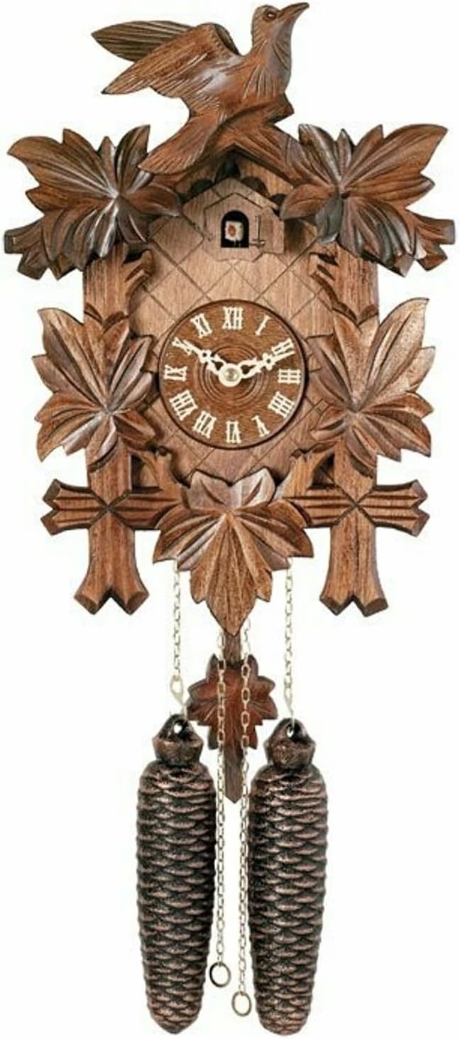 River City Clocks Traditional German Cuckoo Clock with Five Hand-Carved Maple Leaves and One Bird, 14-Inch Tall