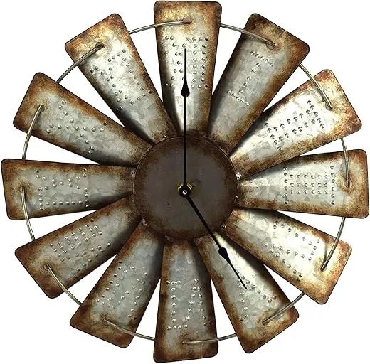 Rivers Edge Products 15 Inch Large Wall Clock, Distressed Analog Clock with Tin Frame, Rustic Wall Clock for Bedroom, Living Room, Bathroom, Kitchen, Office, or Cabin Decor, Windmill