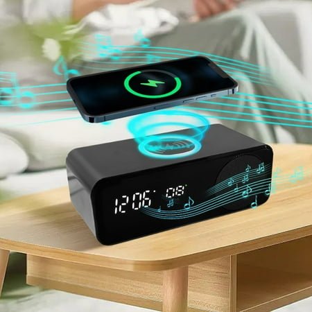 RKZDSR 6-in-1 Wireless Fast Charging Bluetooth Speaker with Clock, Alarm, Time and Temperature Display, and Foldable Mobile Phone Holder - A Multifunctional Device