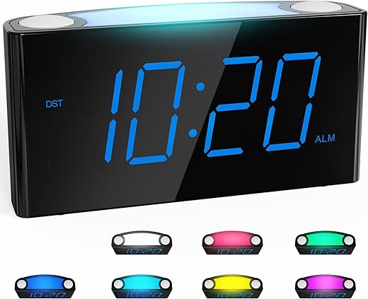 Rocam Digital Alarm Clock for Bedrooms - Large 7.5'' LED Display with Dimmer, Snooze, 7 Color Night Light, Easy to Set, USB Chargers, Battery Backup, 12/24 Hour for Kids,Heavy Sleepers(Blue)