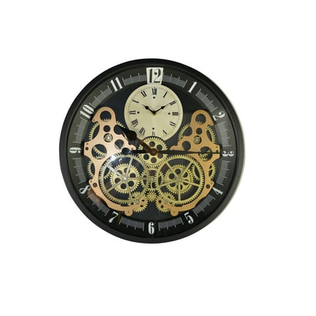 Round Wall Clock Moving Gears in Black with Gold Accents