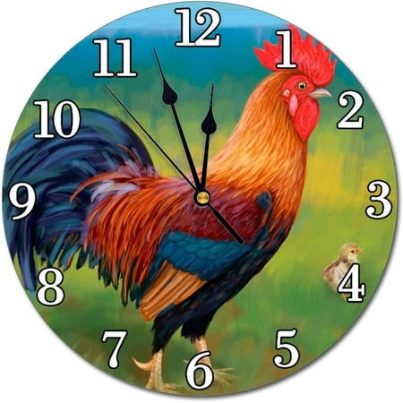 Rustic Rooster Chicken Wall Clock Battery Operated Silent Round Clock Wall Decor for Home Office School, 12 Inch