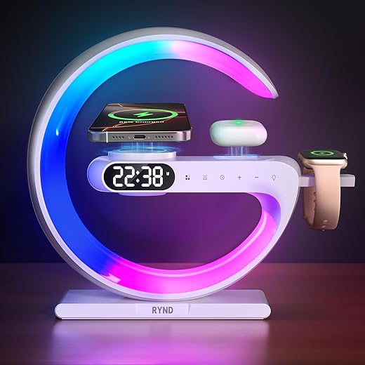 RYND 2024 New Magnetic 5 in 1 Wireless Charging Station Alarm Clock, Bedside Lamp with Adjustable Night Light, Gift for Family/Friends