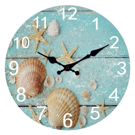 Seashell Coastal Wall Clock Battery Operated 12 Inch - Wood Analog Clock Silent Non-Ticking - Round Wall Clock for Kitchen