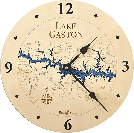 Sea & Soul Lake Gaston 3D Wood Map Nautical Clock, Lake Art Carved Water Depth Clock, Unique Wall Clock, Lake House Decor (Baltic Birch & Deep Blue, 16-Inches)