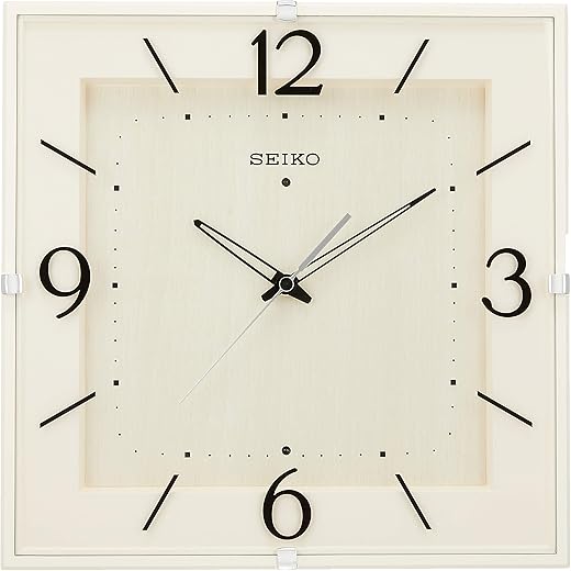 Seiko Clock KX398A Wall Clock, Natural, Radio-Controlled Analog, Square, Ivory, Wood Grain Pattern