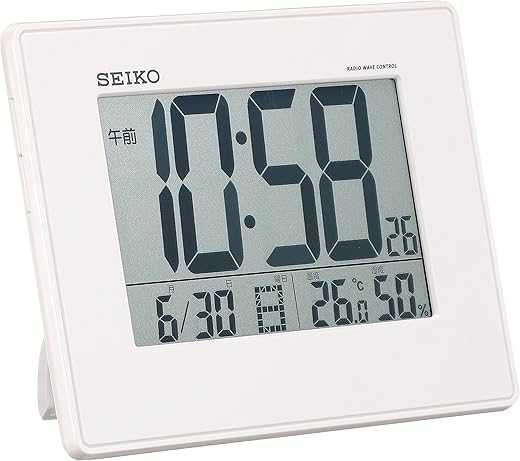 Seiko SQ770W Clock Alarm Clock, Radio Wave, Digital, Calendar, Temperature, Humidity, Display, Large Screen, White, Pearl